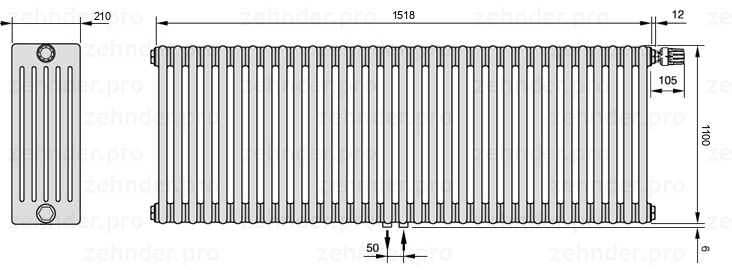 Схема (чертеж) Радиатор Zehnder Charleston 6110/33 №V008 Белый глянцевый RAL 9016
